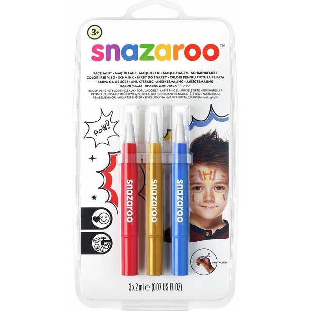 Snazaroo 1180140 Barnsmink, sminkpenna med penselspets, set med 3 färger äventyr, röd/guld/blå
