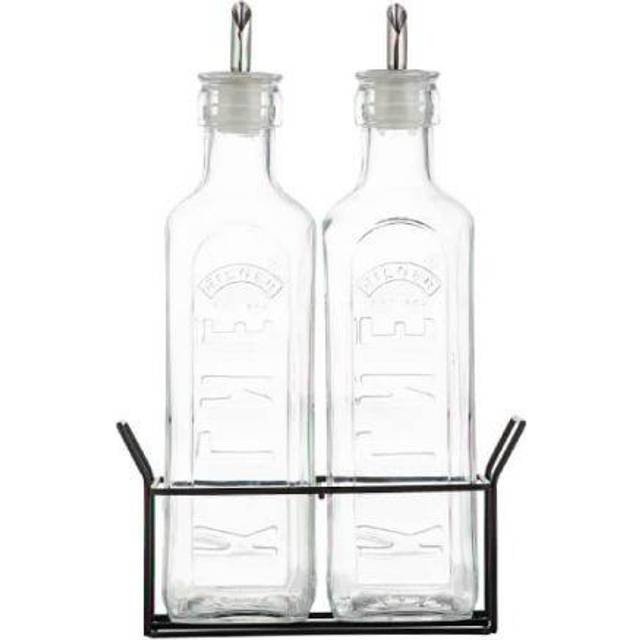 Set of 2 Oil Bottles & Metal Rack - Clear - One Size - Kilner