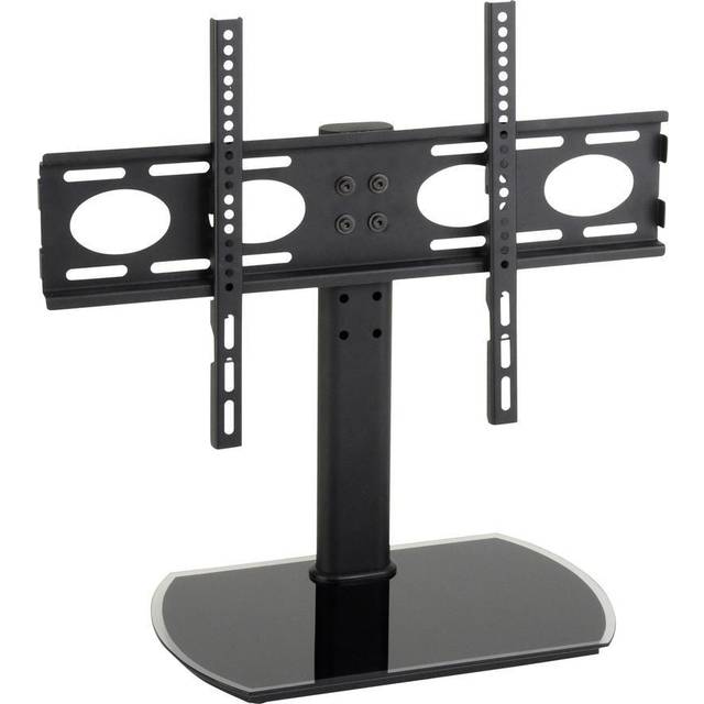 TTAP PED64F Black Glass Fixed Tabletop Pedestal TV Stand in Black