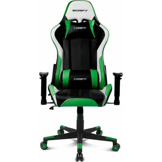 DRIFT Gaming DR175 -DR175GREEN- Professionell spelstol, konstläder, 2D justerbara armstöd, klass 4 kolv, vridbar, fjärilsmekanism, länd- och halskudde, svart/vit/grön