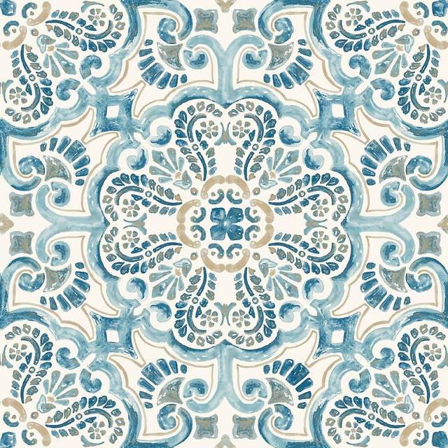 FloorPops fontaine Pack of 10 peel & stick vinyl floor tiles blue pattern