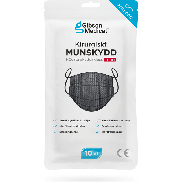 Gibson Medical Kirurgiskt munskydd typ IIR - öronband, anti-fog blå, 10 st