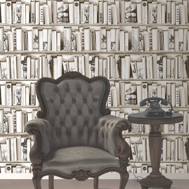Muriva encyclopaedia bookcase cream wallpaper e82207