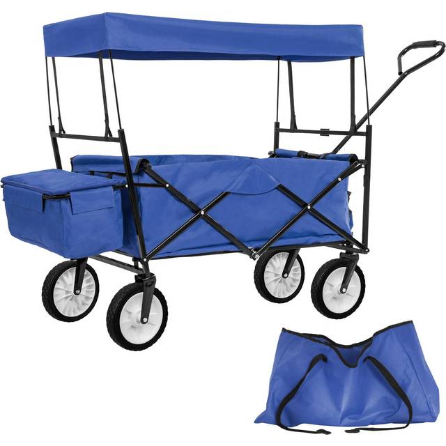 Tectake - Garden Trolley - foldable, with roof, 3 pockets, transport bag, 80 kg capacity - garden cart, beach trolley, trolley cart - blue
