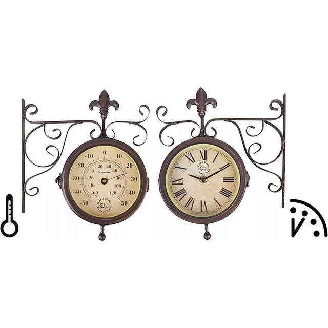Esschert Design Outdoor Clock and Thermometer on Hanging Bracket, Brown