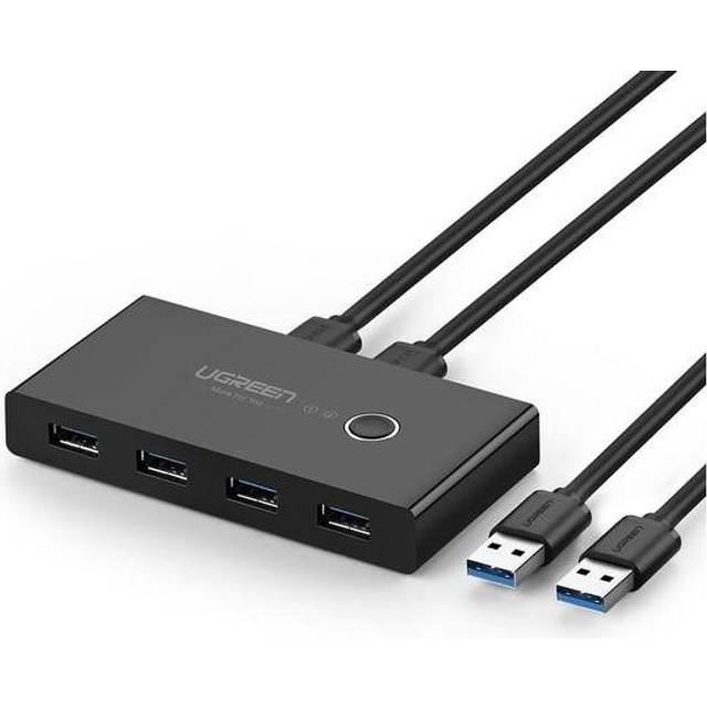 UGREEN 4 Portar USB 3.0 Share USB Switch för 2 PC, 2-i-4-ut Switch med 2 USB 3.0 Kablar för Skrivare, Skanner, Tangentbord, USB Minnen, Hårddiskar, Mus, Headset etc. Svart.