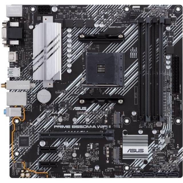 ASUS PRIME B550M-A WiFi II MicroATX moderkort, AMD B550, Socket AM4, DDR4, PCI 4.0, Realtek 1GB LAN, WiFi 6 (802.11ax), 2xM.2, 4xSATA 6GB/s, 2xUSB 3.2 Gen 2, Stöd för Aura Sync RGB, Svart