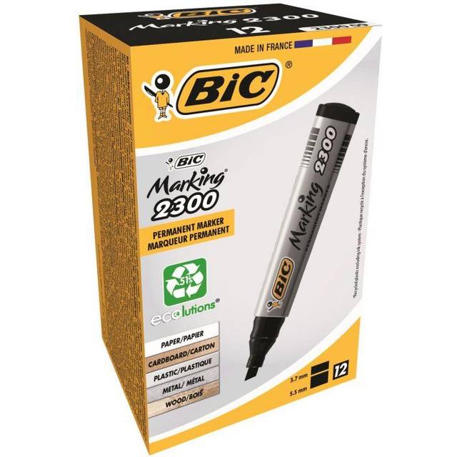 BIC Marking 2300 Permanent Marker 51 % Recycled Medium Chisel 3.7 - 5.5 mm Black 12 Pieces
