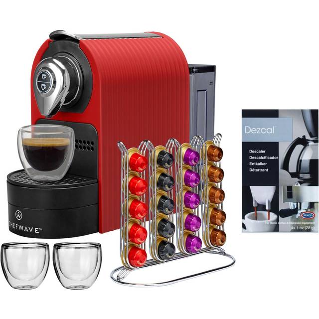 ChefWave Mini Espresso Machine for Nespresso Compatible Capsules with Capsule Holder and Cups in Red
