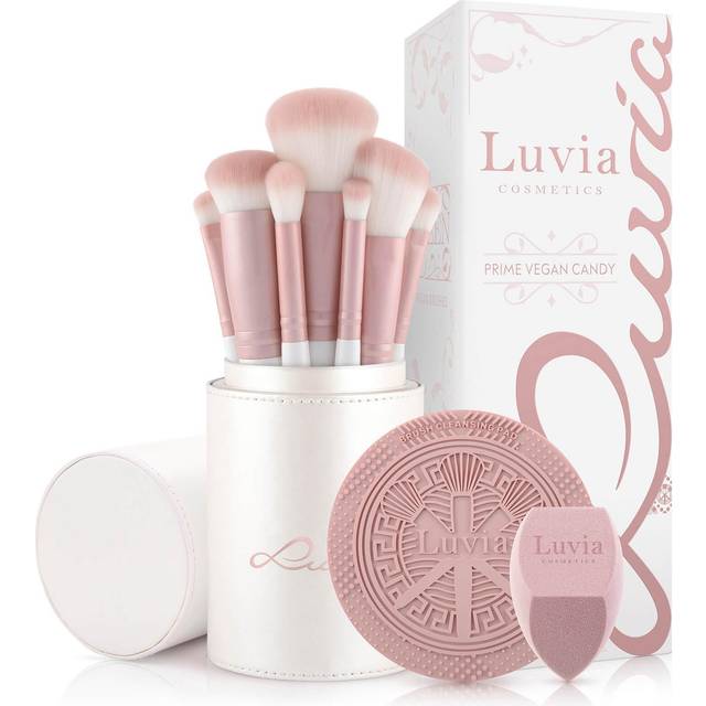 Luvia Prime Vegan Pro Candy Makeup Brush Set 7 Brushes with Storage, Blender Sponge and Cleaning Mat Mother of Pearl and Pearl Pink