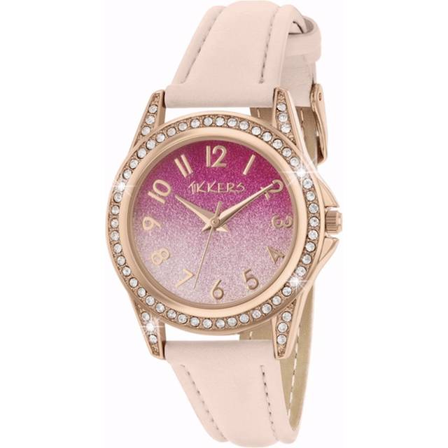 Tikkers Girls Light Pink PU Strap Stone Set Case With Glitter Dial Watch TK0176