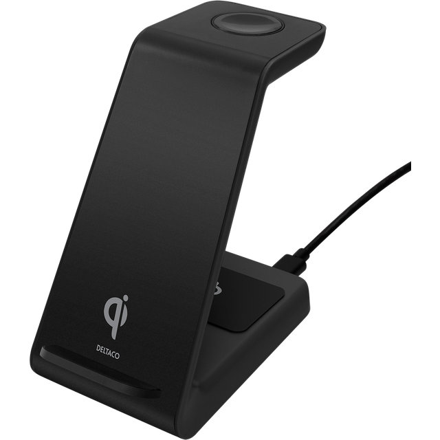 Deltaco 3-i-1 Trådlös Laddare, 15W, USB-C, Qi - Svart