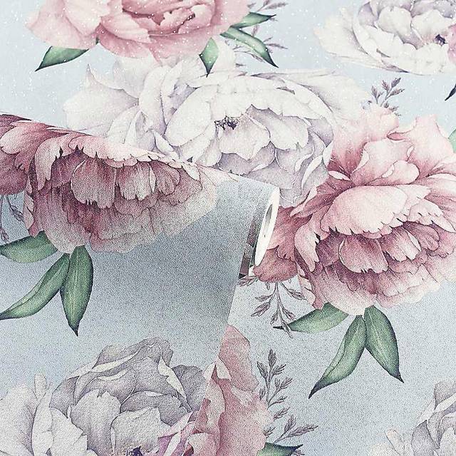 Mixed Peonies Wallpaper - Mint - Green
