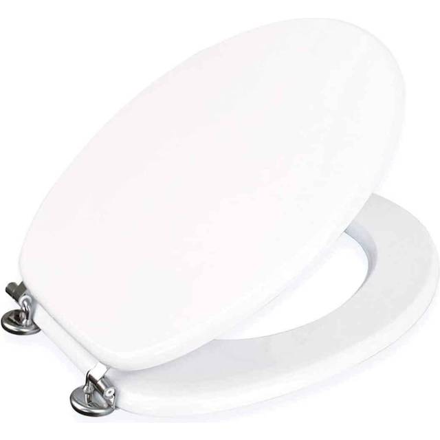 (White) Wooden Toilet Seat Adjustable Stainless Steel Hinges