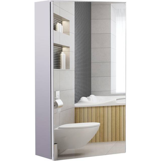 HOMCOM Wall Mounted Glass Bathroom Storage Cabinet With Mirror, Silver