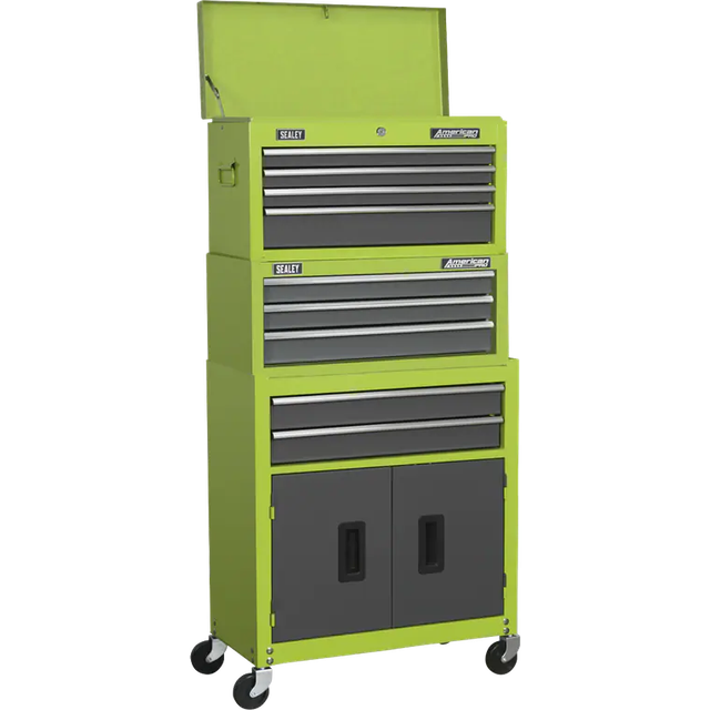 Sealey Topchest, Mid-box & Rollcab 9 Drawer Stack - Hi-vis Green - Hi-vis Green/Grey
