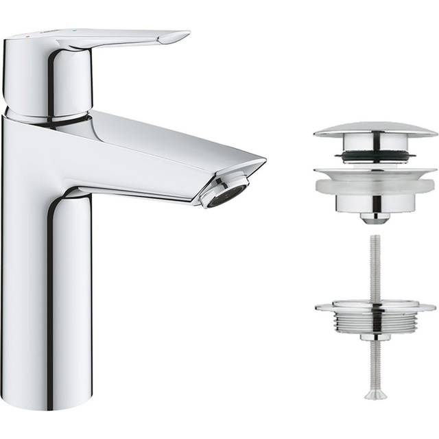 GROHE QUICKFIX Start - Smooth Body Metal Lever Basin Mixer Tap with Push-Open Pop-Up Waste Set (28mm Ceramic Cartridge, Water & Energy Saving, Quick