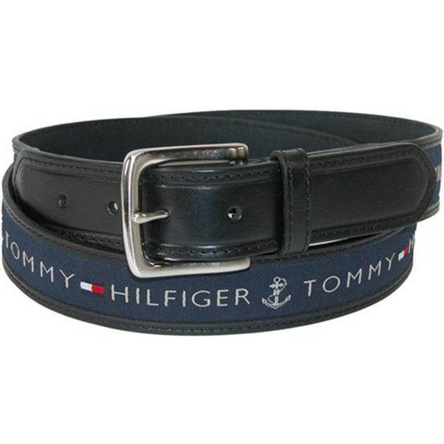 Tommy Hilfiger Men&#39;s Leather Casual Belt with Fabric Inlay - Black - Black with Navy Inlay (36)
