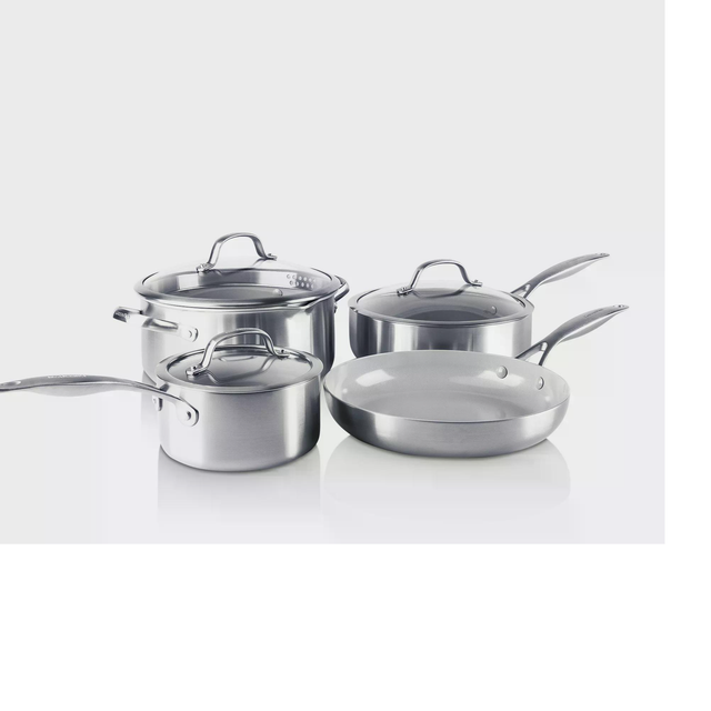 GreenPan Venice Pro Tri-Ply Stainless Steel Healthy Ceramic Non-Stick 7 Piece Cookware Pots and Pans Set, PFAS Free, Multi Clad, Induction, Oven Safe,