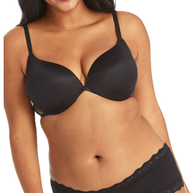 Maidenform Underwire Demi Bra  Best Push-Up Bra with Wonderbra Technology  Smoothing Lace-Trim Bra with Push-Up Cups  Black W/Body Beige Lining  34C