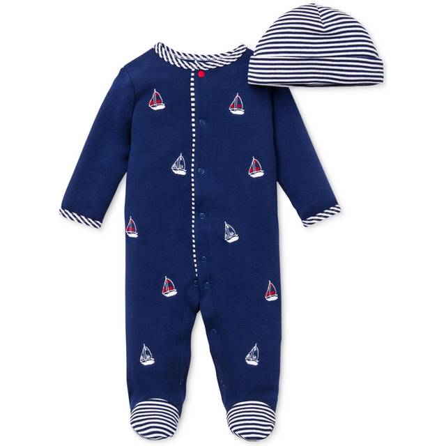 Little Me Clothes for Baby Boys' 2-Piece 100% Cotton Sailboat Footie Sleeper and Cap Set  6 Months