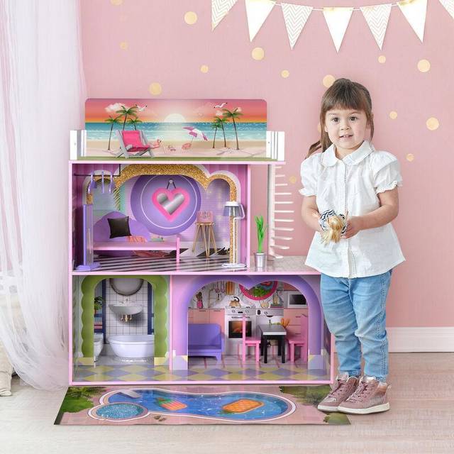 Teamson Kids - Olivia's Little World Large Dreamland Sunset Contemporary Kids Interactive Wooden Dolls House 3 Floors with 16 Doll Furniture