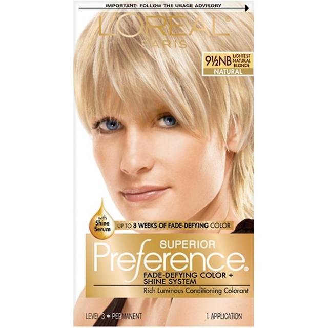 L'Oréal, preferred light color, non-fade color, 9 1/2 NB, lightest natural blonde, 1 application
