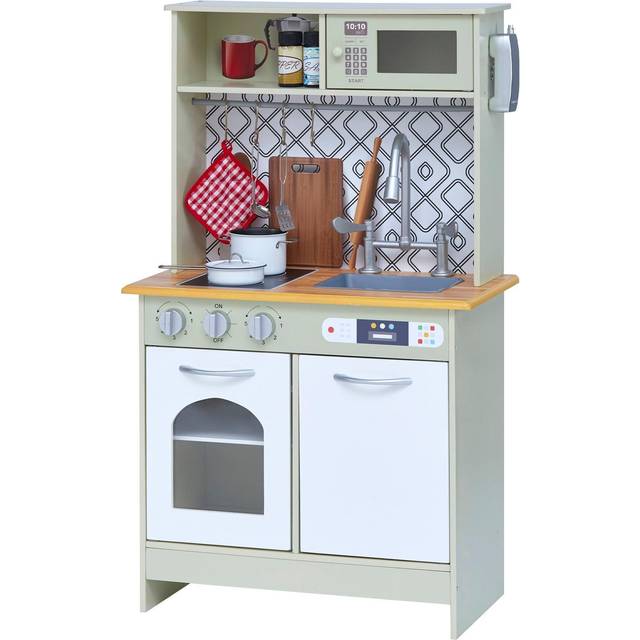 Teamson Kids - Little Chef Boston Modern Farmhouse Wooden Kitchen Playset with Interactive Features & 9 Play Cooking Accessories, Light Green/White