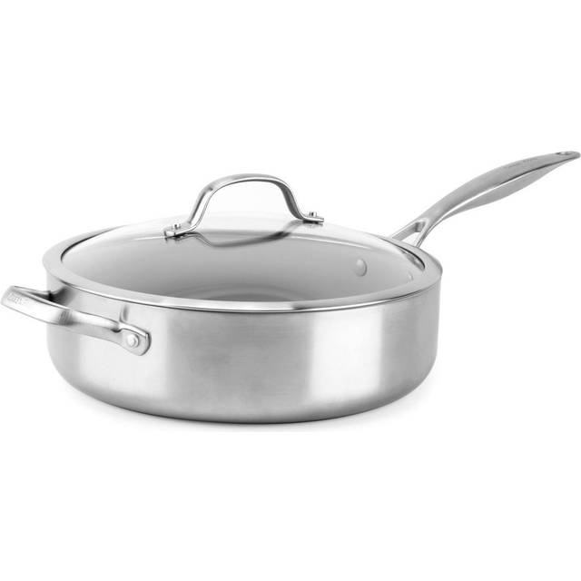 GreenPan Venice Pro Tri-Ply rostfritt stål hälsosam keramisk non-stick 28 cm/4,8 liter stekpanna jumbospis, hjälphandtag och lock, PPSfri, multipläterad, induktion, ugnssäker, silver