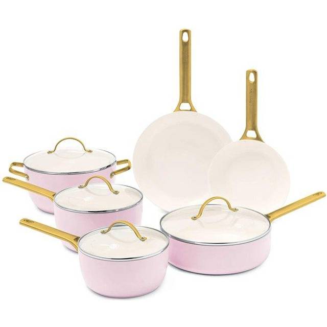 GreenPan Reserve Hard Anodized Healthy Ceramic Nonstick 10 Piece Cookware Pots and Pans Set  Gold Handle  PFAS-Free  Dishwasher Safe  Oven Safe  Blush