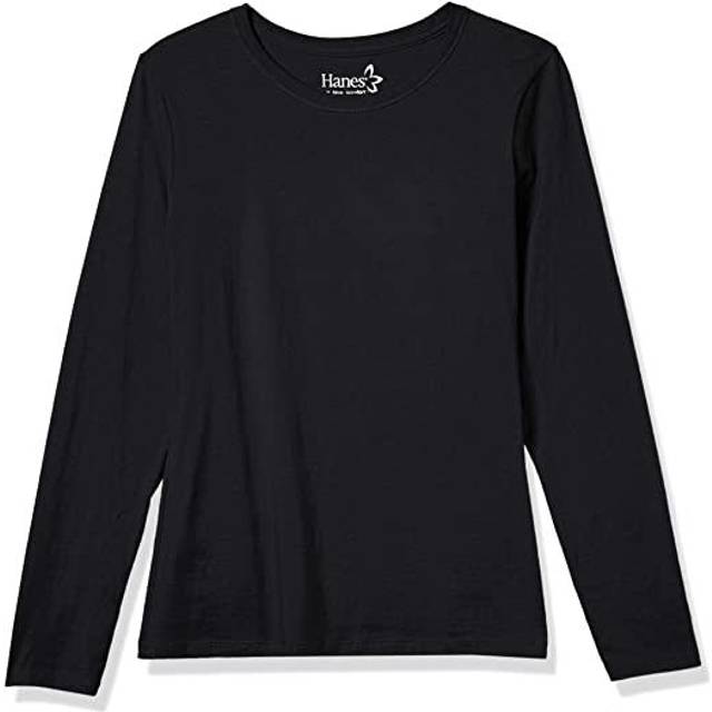 Hanes Long Sleeve Cotton T-Shirt  Lightweight Crewneck Tee for Women  Modern Fit  Ebony  Large