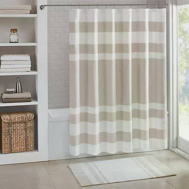 Madison Park duschdraperi våffelväv randig design tyg duschdraperi för badrum med 3M Scotchgard fukthantering premium spa-kvalitet modern standard 183 cm x 183 cm brungrå
