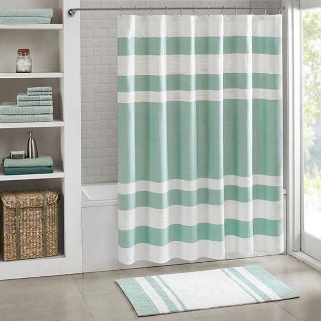 Madison Park duschdraperi våffelväv randig design tyg duschdraperi med 3 m Scotchgard fukthantering premium spa-kvalitet moderna duschdraperier för badrum höga 183 cm x 213 cm blå