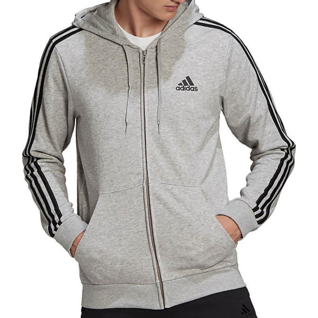 Essentials French Terry 3-Stripes Full-Zip Hoodie - Medium Grey Heather / Black