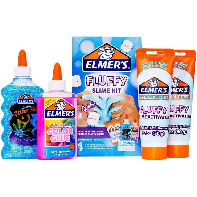 Elmers Fluffy Slime Kit  Includes Elmers Translucent Color Glue  Elmers Glitter Glue  Elmers Fluffy Slime Activator  4 Count