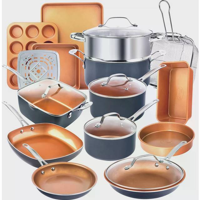 GOTHAM STÅL 1922 hållbart komplett köksredskap + bakredskap set | nonstick keramisk kopparbeläggning pannor, stekpannor, djup fyrkantig stekkorg, kakplåt, aluminium, 1 kvarts, grafit