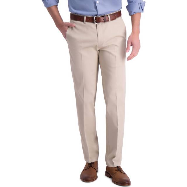 Haggar herr järnfri kaki rak passform platt flex midjeband ledig byxa
