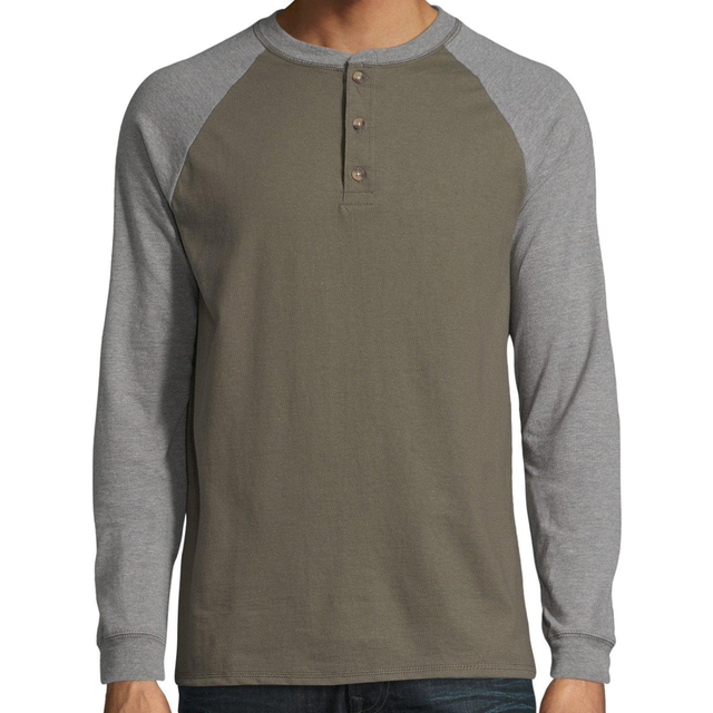 Hanes Långärmad Henley-skjorta för män Henleylongsleeve Beefy Henley-skjorta, Kamouflage grön ljung/Oxford grå, S