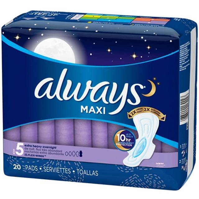 Always Maxi feminina dynor för kvinnor, storlek 5 extra tung absorptionsförmåga över natten, med vingar, oparfymerade, paket med 20