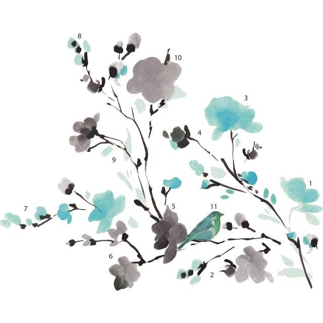 RoomMates RMK2687SCS Blossom Watercolor Bird Branch Peel and Stick Wall Decals  Multi Color