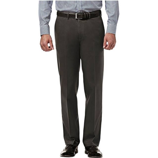 Haggar Mens Premium No Iron Khaki Straight Fit  Slim Fit Flat Front casual Pant, Dark grey, 42W x 30L