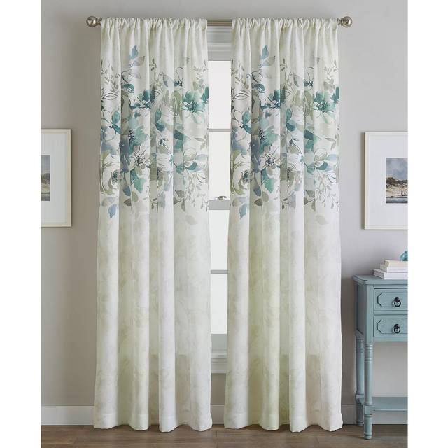 CHF Watercolor Floral Print Flip Over Rod Pocket Single Curtain Panel, 84 in, Aqua
