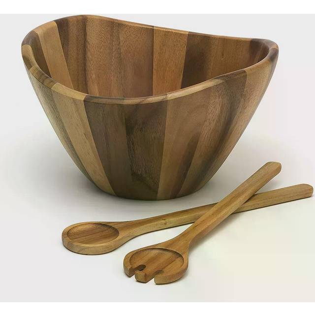 Lipper International Acacia Large Wave Bowl with Servers, 162.31 fl.oz.,Brown