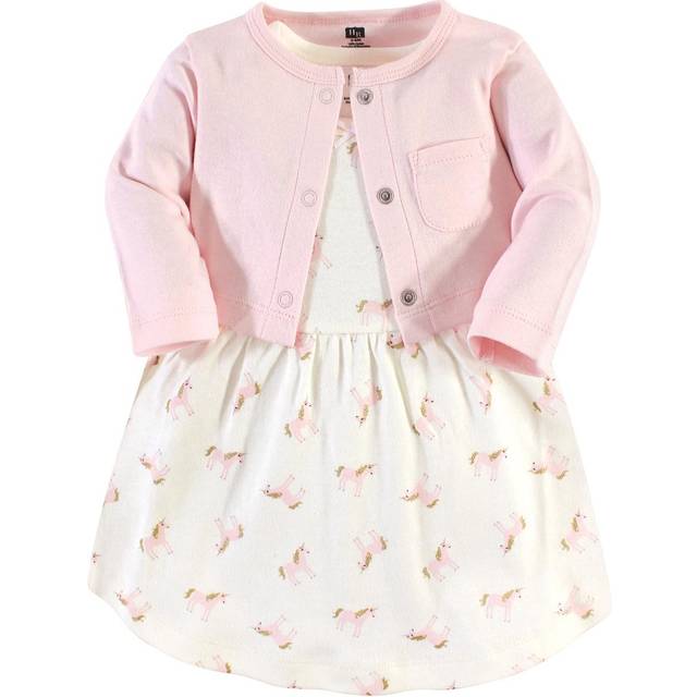 Hudson Baby Girls' Cotton Dress and Cardigan Set  Gold Unicorn  9-12 Months