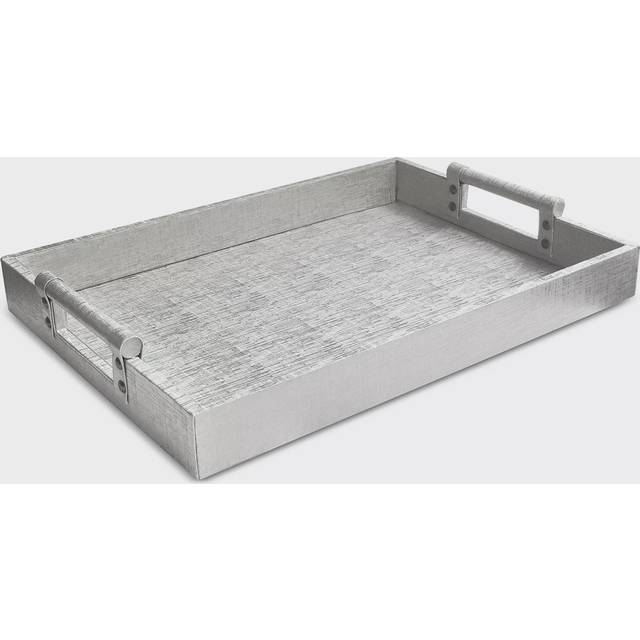"Silver Finished Leather and Wood Serveware Tray With Handles 14X19"""""""""""""""""