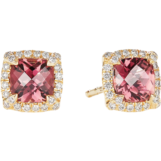 Petite Chatelaine® Pavé Bezel Stud Earrings in 18ct Yellow Gold with Pink Tourmaline and Diamonds, 5mm