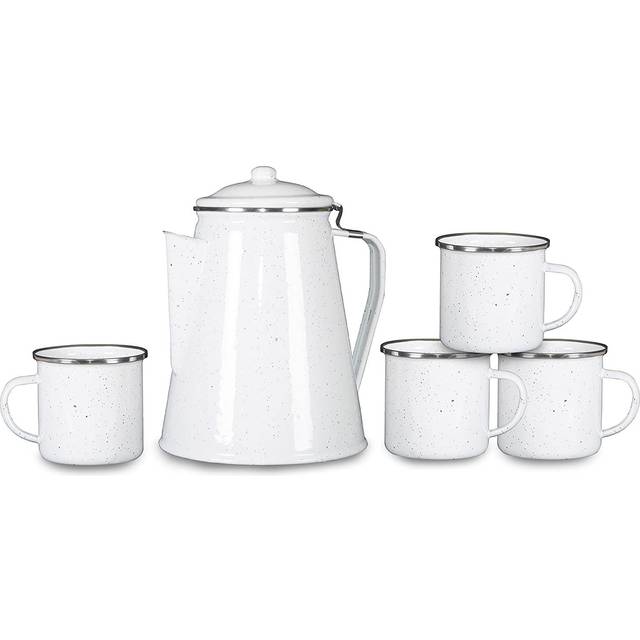 Stansport Enamel Percolator Coffee Pot & 4 Mug Set (11230-03)  White