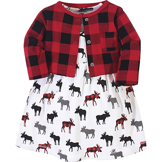 Hudson Baby Girls' Cotton Dress and Cardigan Set  Buffalo Plaid Moose  6-9 Months