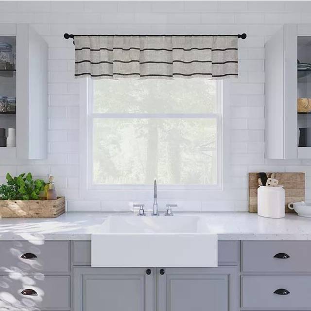 "Clean Window Twill Stripe Anti-Dust Allergy/Pet Friendly Anti-Dust Sheer Cafe Valance  52"""""""" x 14""""""""  Mocha/Linen"