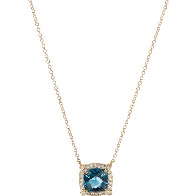 Petite Chatelaine® Pavé Bezel Pendant Necklace in 18ct Yellow Gold with Hampton Blue Topaz and Diamonds, 7mm